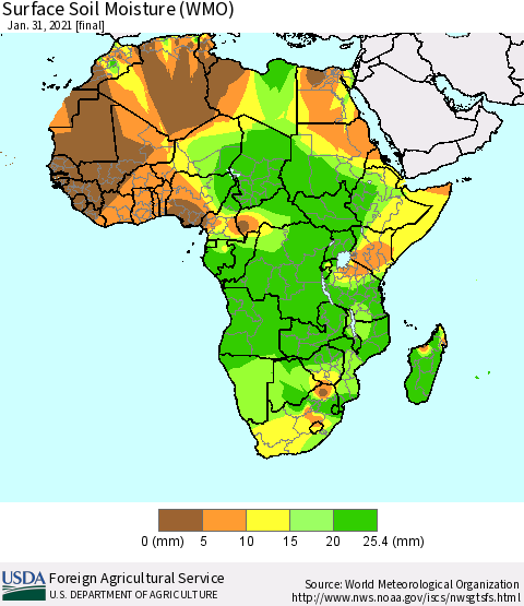 Africa Surface Soil Moisture (WMO) Thematic Map For 1/25/2021 - 1/31/2021