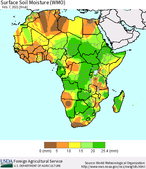 Africa Surface Soil Moisture (WMO) Thematic Map For 2/1/2021 - 2/7/2021