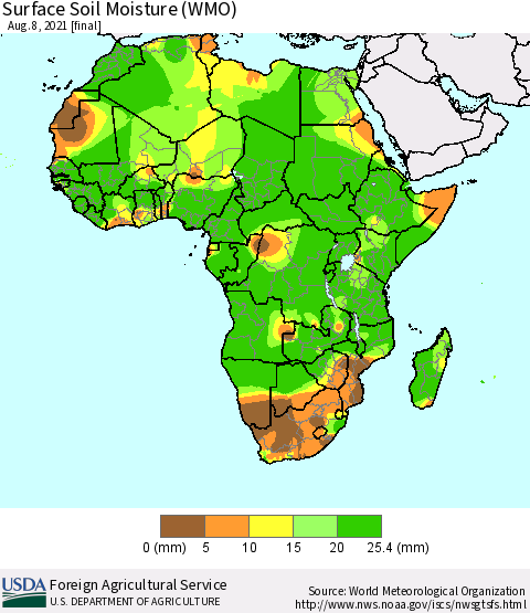 Africa Surface Soil Moisture (WMO) Thematic Map For 8/2/2021 - 8/8/2021