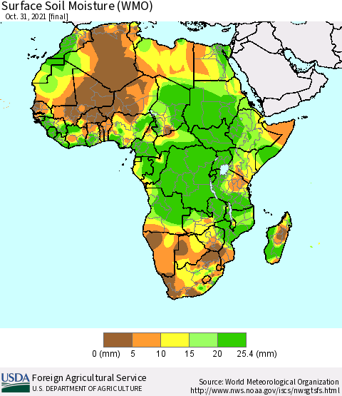 Africa Surface Soil Moisture (WMO) Thematic Map For 10/25/2021 - 10/31/2021
