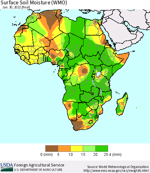 Africa Surface Soil Moisture (WMO) Thematic Map For 1/24/2022 - 1/30/2022
