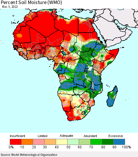 Africa Percent Soil Moisture (WMO) Thematic Map For 3/1/2022 - 3/5/2022