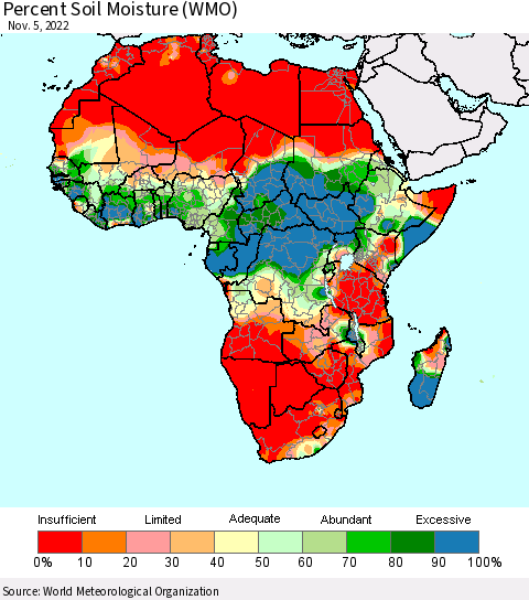 Africa Percent Soil Moisture (WMO) Thematic Map For 11/1/2022 - 11/5/2022