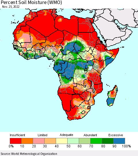 Africa Percent Soil Moisture (WMO) Thematic Map For 11/21/2022 - 11/25/2022