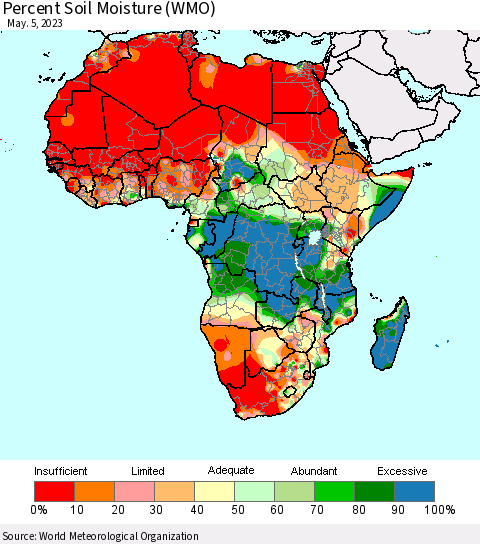 Africa Percent Soil Moisture (WMO) Thematic Map For 5/1/2023 - 5/5/2023