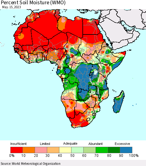 Africa Percent Soil Moisture (WMO) Thematic Map For 5/11/2023 - 5/15/2023