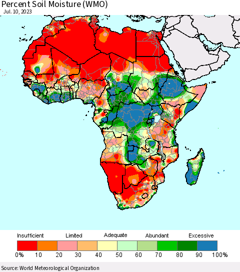 Africa Percent Soil Moisture (WMO) Thematic Map For 7/6/2023 - 7/10/2023