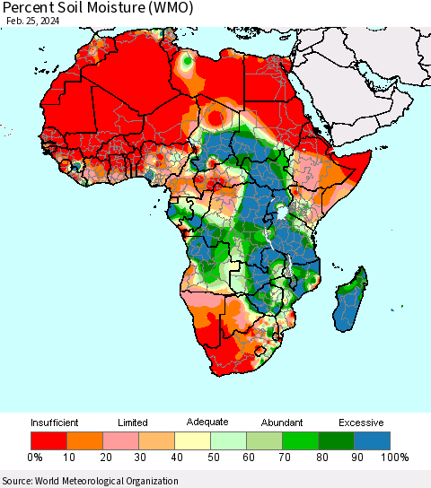 Africa Percent Soil Moisture (WMO) Thematic Map For 2/21/2024 - 2/25/2024