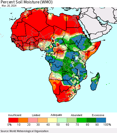 Africa Percent Soil Moisture (WMO) Thematic Map For 3/16/2024 - 3/20/2024