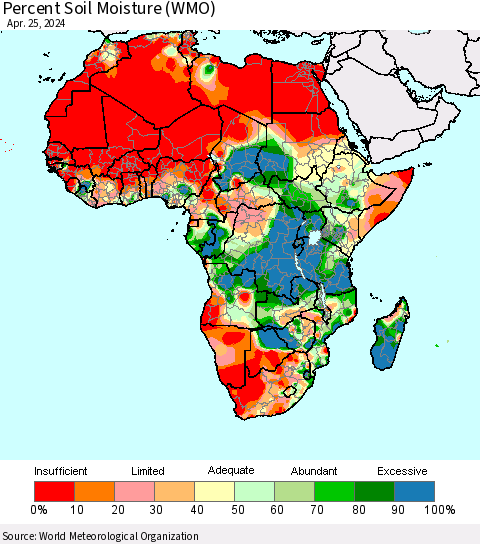 Africa Percent Soil Moisture (WMO) Thematic Map For 4/21/2024 - 4/25/2024