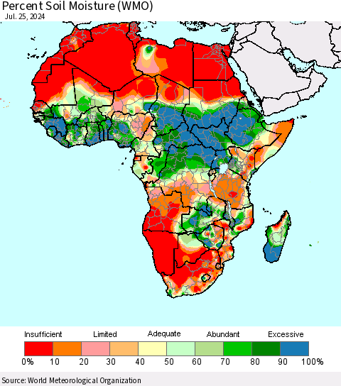 Africa Percent Soil Moisture (WMO) Thematic Map For 7/21/2024 - 7/25/2024