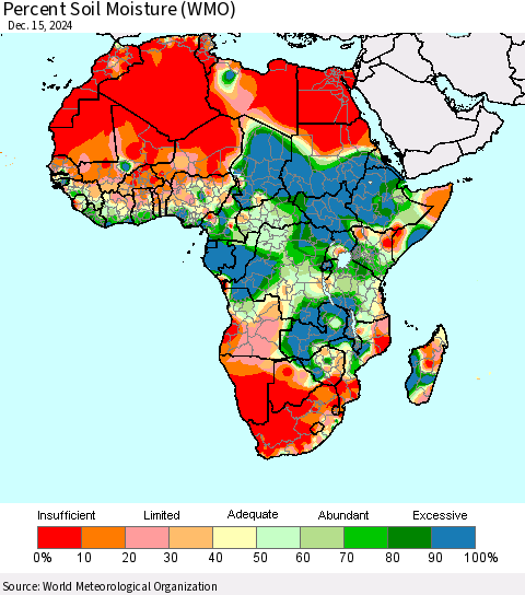 Africa Percent Soil Moisture (WMO) Thematic Map For 12/11/2024 - 12/15/2024