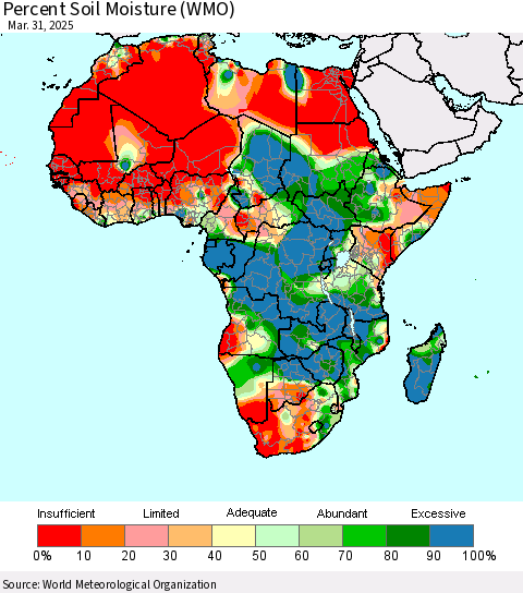 Africa Percent Soil Moisture (WMO) Thematic Map For 3/26/2025 - 3/31/2025
