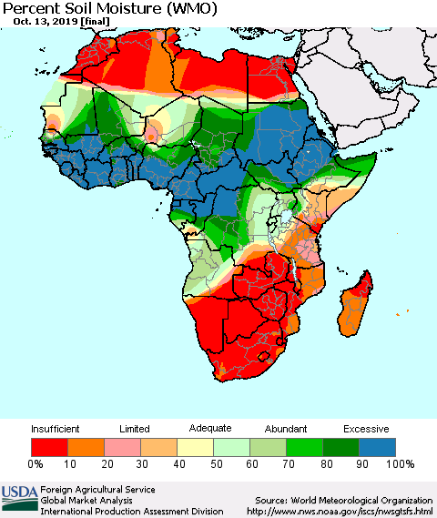 Africa Percent Soil Moisture (WMO) Thematic Map For 10/7/2019 - 10/13/2019