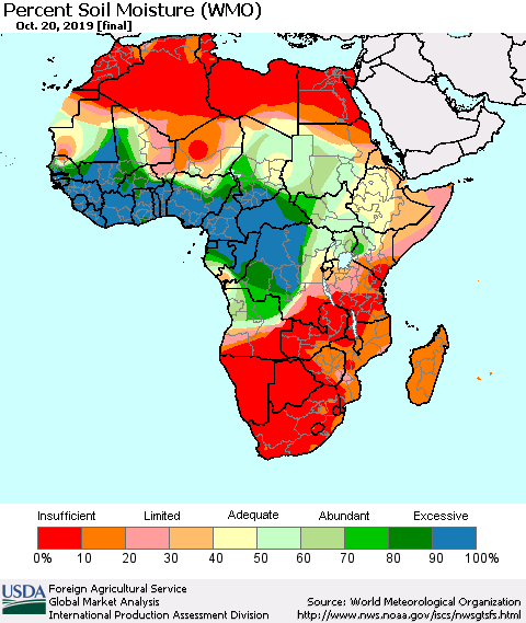 Africa Percent Soil Moisture (WMO) Thematic Map For 10/14/2019 - 10/20/2019