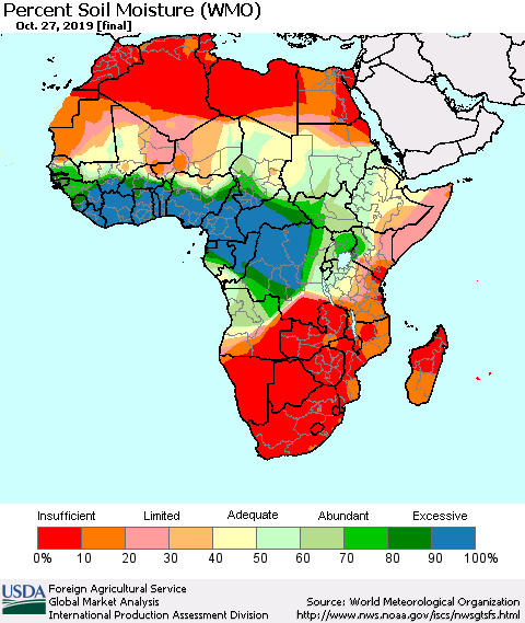 Africa Percent Soil Moisture (WMO) Thematic Map For 10/21/2019 - 10/27/2019