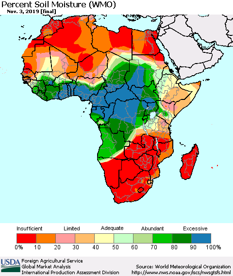 Africa Percent Soil Moisture (WMO) Thematic Map For 10/28/2019 - 11/3/2019