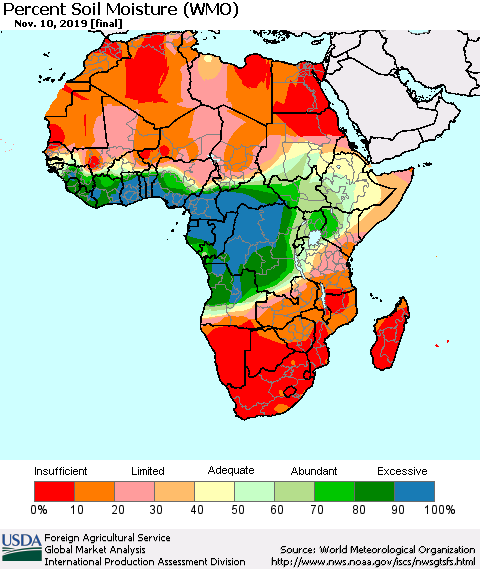 Africa Percent Soil Moisture (WMO) Thematic Map For 11/4/2019 - 11/10/2019
