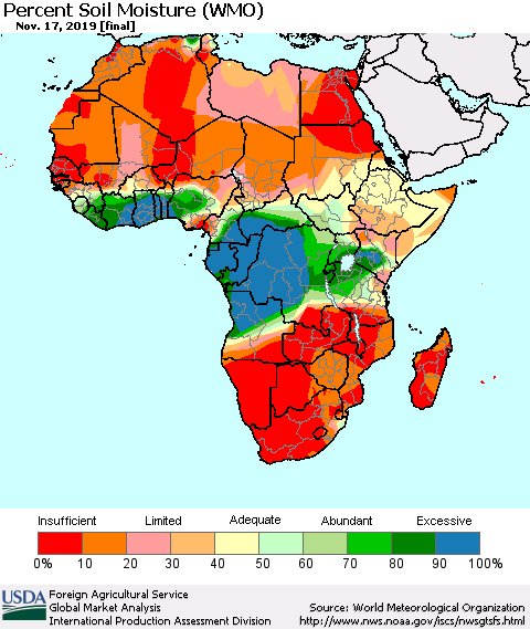 Africa Percent Soil Moisture (WMO) Thematic Map For 11/11/2019 - 11/17/2019