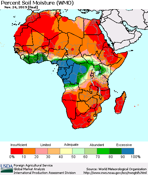 Africa Percent Soil Moisture (WMO) Thematic Map For 11/18/2019 - 11/24/2019