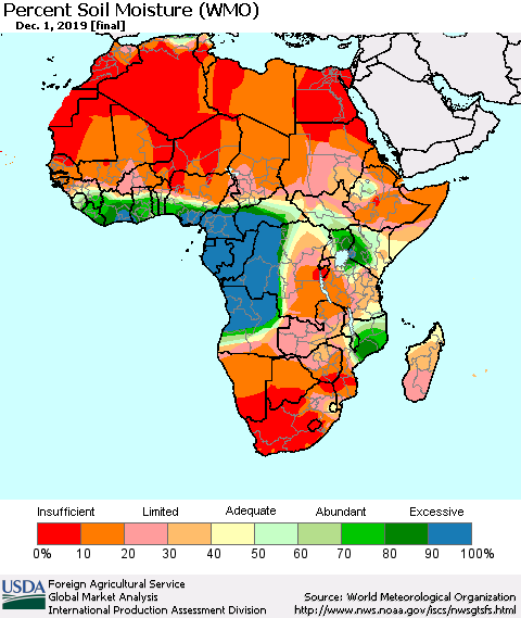 Africa Percent Soil Moisture (WMO) Thematic Map For 11/25/2019 - 12/1/2019