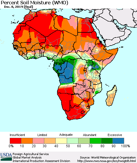 Africa Percent Soil Moisture (WMO) Thematic Map For 12/2/2019 - 12/8/2019