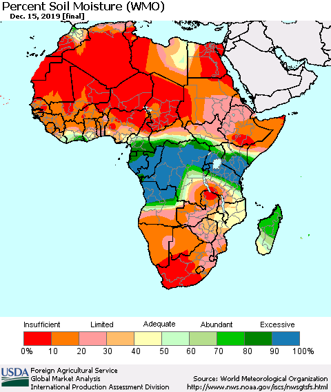 Africa Percent Soil Moisture (WMO) Thematic Map For 12/9/2019 - 12/15/2019