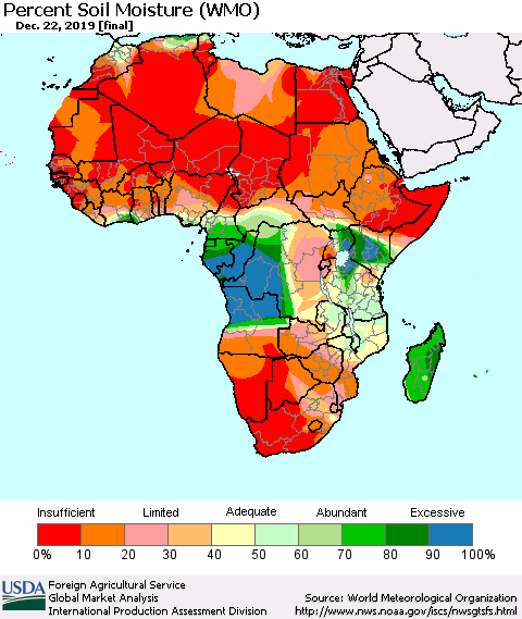 Africa Percent Soil Moisture (WMO) Thematic Map For 12/16/2019 - 12/22/2019