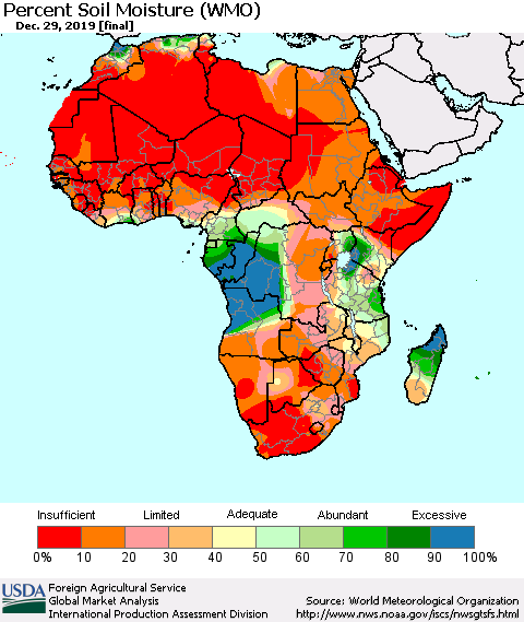Africa Percent Soil Moisture (WMO) Thematic Map For 12/23/2019 - 12/29/2019