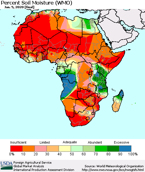 Africa Percent Soil Moisture (WMO) Thematic Map For 12/30/2019 - 1/5/2020