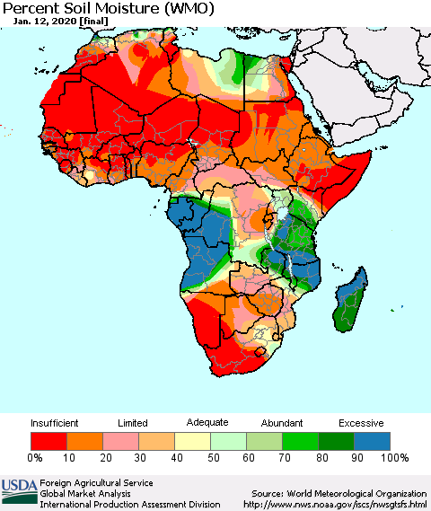 Africa Percent Soil Moisture (WMO) Thematic Map For 1/6/2020 - 1/12/2020