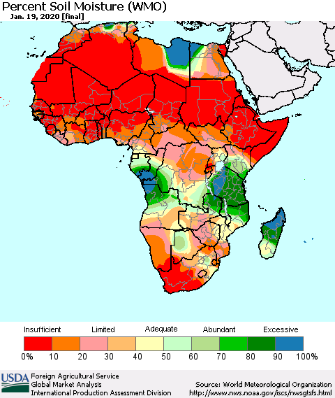 Africa Percent Soil Moisture (WMO) Thematic Map For 1/13/2020 - 1/19/2020