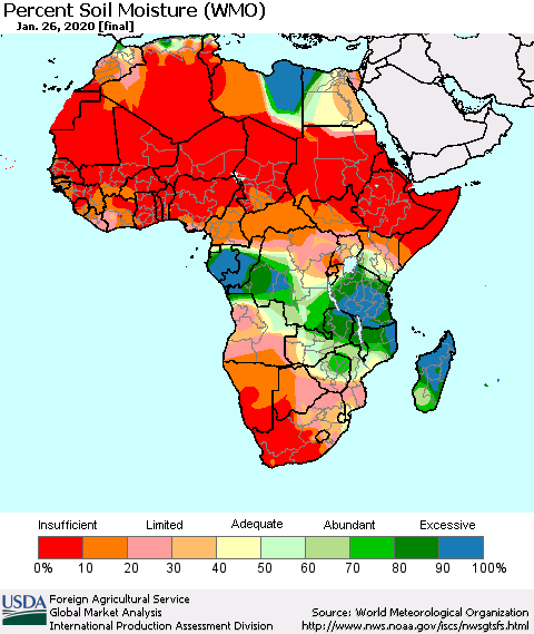 Africa Percent Soil Moisture (WMO) Thematic Map For 1/20/2020 - 1/26/2020