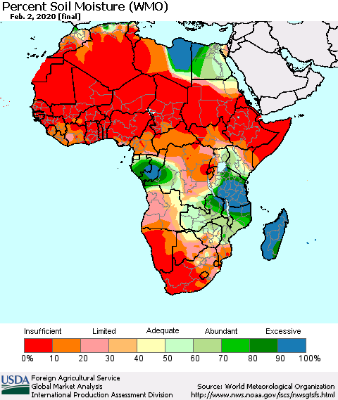 Africa Percent Soil Moisture (WMO) Thematic Map For 1/27/2020 - 2/2/2020