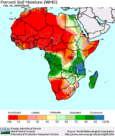 Africa Percent Soil Moisture (WMO) Thematic Map For 2/10/2020 - 2/16/2020