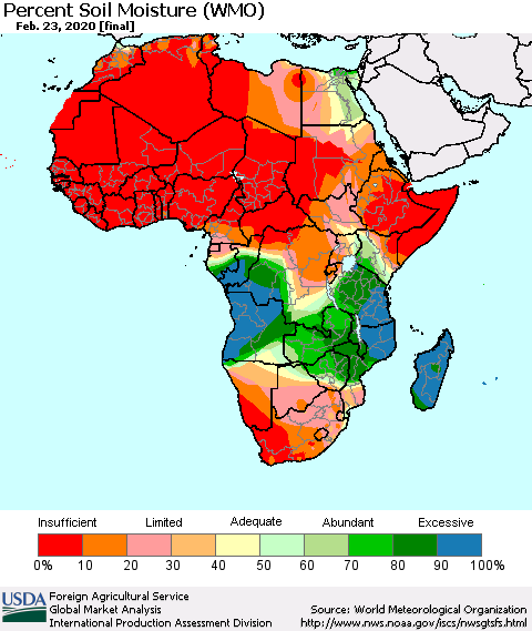 Africa Percent Soil Moisture (WMO) Thematic Map For 2/17/2020 - 2/23/2020