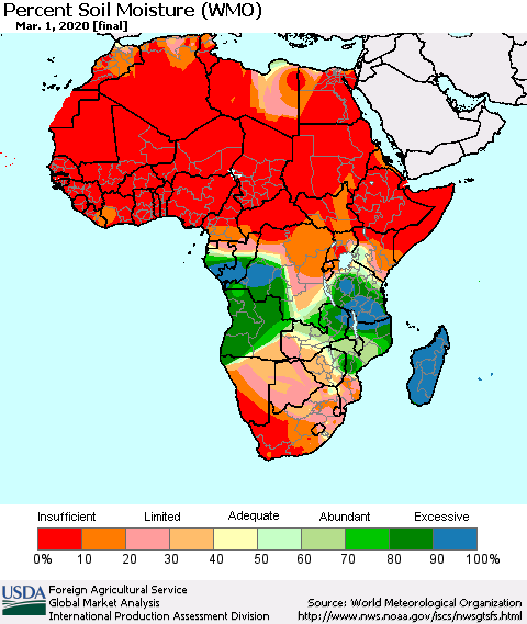 Africa Percent Soil Moisture (WMO) Thematic Map For 2/24/2020 - 3/1/2020