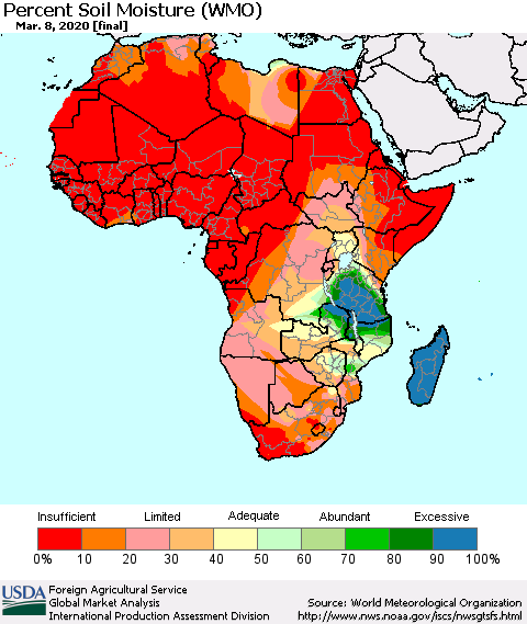 Africa Percent Soil Moisture (WMO) Thematic Map For 3/2/2020 - 3/8/2020