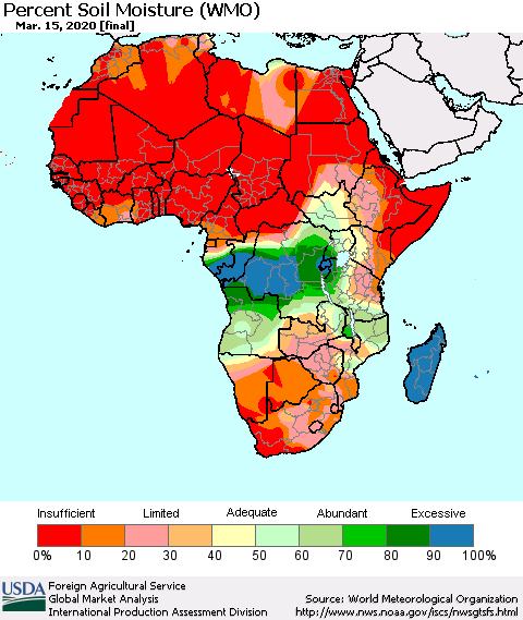 Africa Percent Soil Moisture (WMO) Thematic Map For 3/9/2020 - 3/15/2020