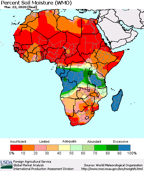 Africa Percent Soil Moisture (WMO) Thematic Map For 3/16/2020 - 3/22/2020