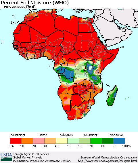 Africa Percent Soil Moisture (WMO) Thematic Map For 3/23/2020 - 3/29/2020