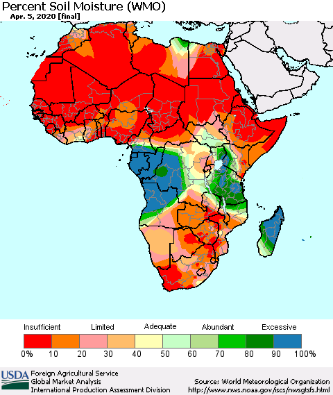 Africa Percent Soil Moisture (WMO) Thematic Map For 3/30/2020 - 4/5/2020