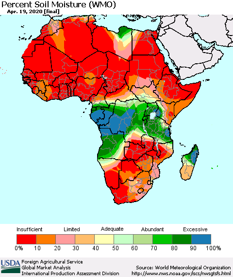 Africa Percent Soil Moisture (WMO) Thematic Map For 4/13/2020 - 4/19/2020