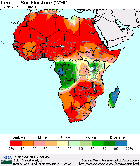 Africa Percent Soil Moisture (WMO) Thematic Map For 4/20/2020 - 4/26/2020