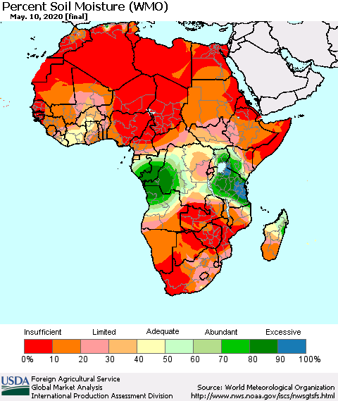 Africa Percent Soil Moisture (WMO) Thematic Map For 5/4/2020 - 5/10/2020