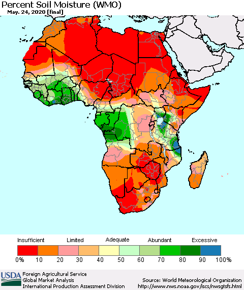 Africa Percent Soil Moisture (WMO) Thematic Map For 5/18/2020 - 5/24/2020