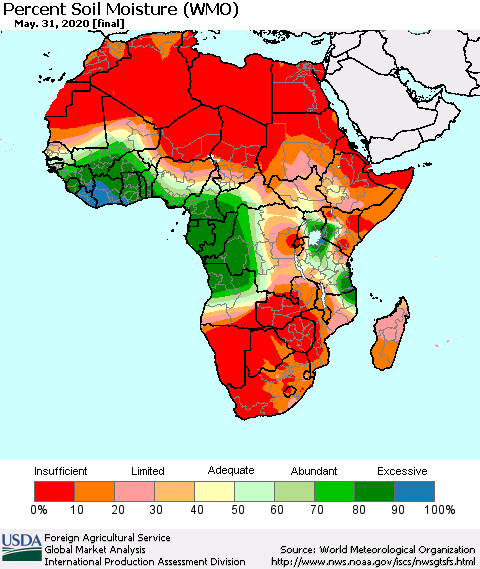 Africa Percent Soil Moisture (WMO) Thematic Map For 5/25/2020 - 5/31/2020