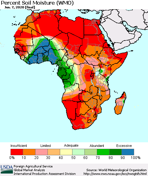 Africa Percent Soil Moisture (WMO) Thematic Map For 6/1/2020 - 6/7/2020
