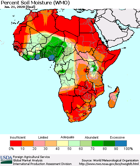 Africa Percent Soil Moisture (WMO) Thematic Map For 6/15/2020 - 6/21/2020