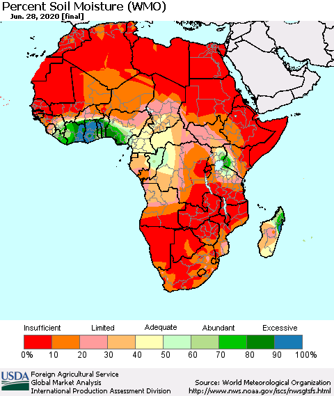 Africa Percent Soil Moisture (WMO) Thematic Map For 6/22/2020 - 6/28/2020